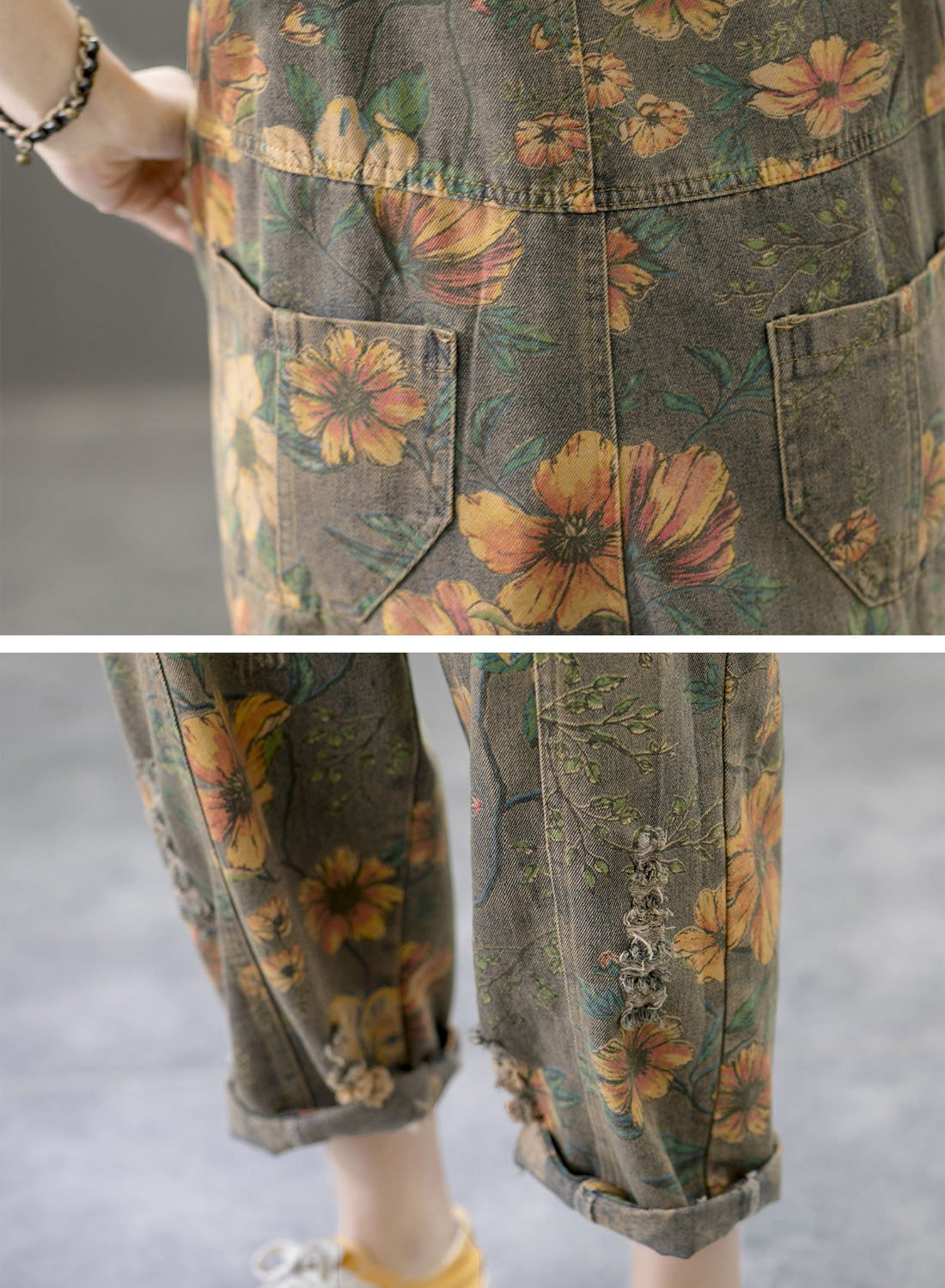 Jump For Joy Floral Print Cotton Overalls Dungaree Details